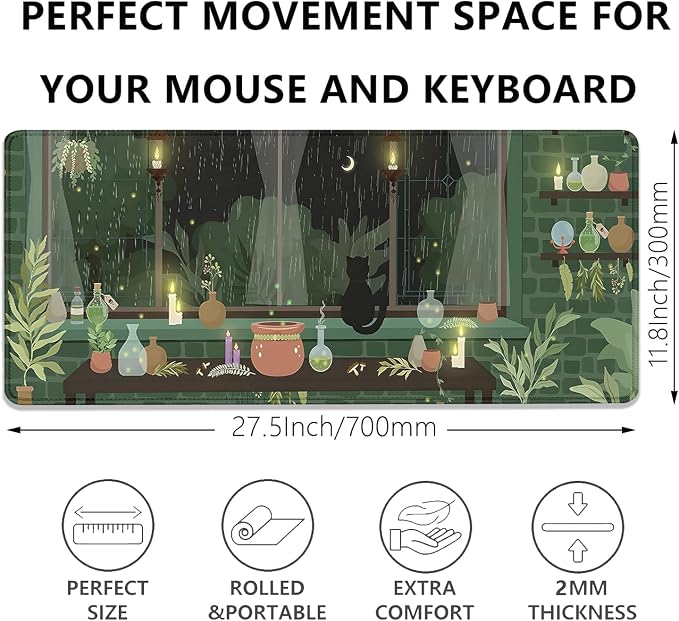Black Cat Mouse Pad Green Plants Desk Mat Pad Anime Large Gaming Cartoon Cute Mouse Pad,Stitched Edges Non-Slip Waterproof Rubber Base Mous Mat for Office Home Work Gaming(27.5X11.8 in)