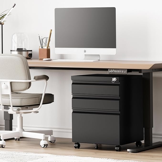RAVIGIN 3 Drawer File Cabinet，Mobile Filing Cabinet with Lock and Wheels，Un-Assembled Metal Under Desk File Cabinets for A4/Letter/Legal Size（Black