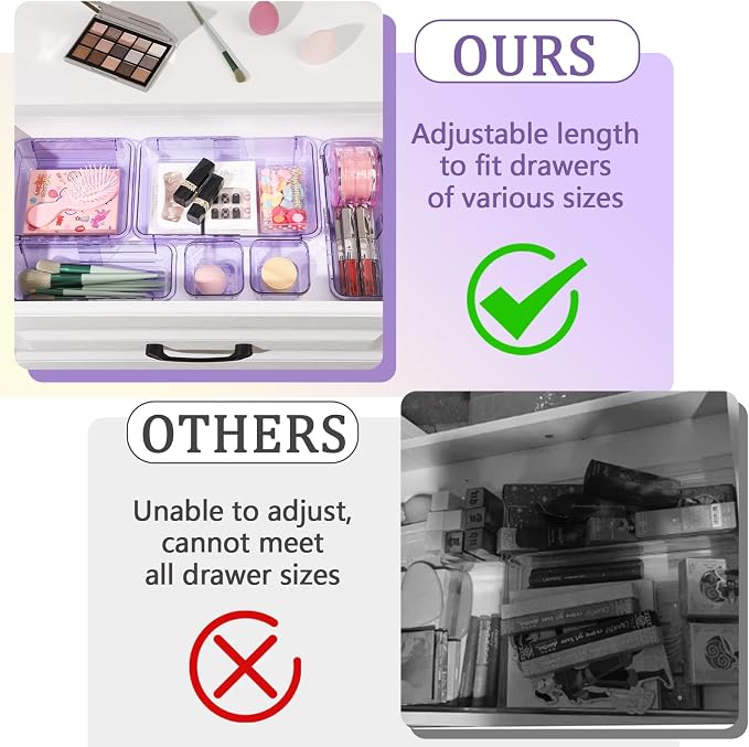 14 Pcs Adjustable Clear Drawer Organizer, Extendable Vanity Storage Bins, Desk Drawer Organizer Set for Makeup, Cosmetics, Bedroom, and Gadgets, Purple
