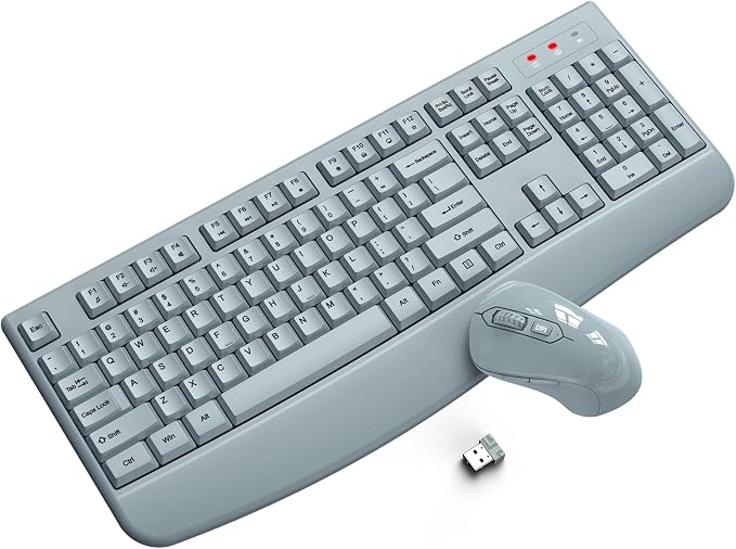 Wireless Keyboard and Mouse Combo, ULSOU 2.4G Full-Sized Ergonomic Computer Keyboard with Wrist Rest and 3 Level DPI Adjustable Wireless Mouse for Windows, Mac OS Desktop/Laptop/PC(Grey)