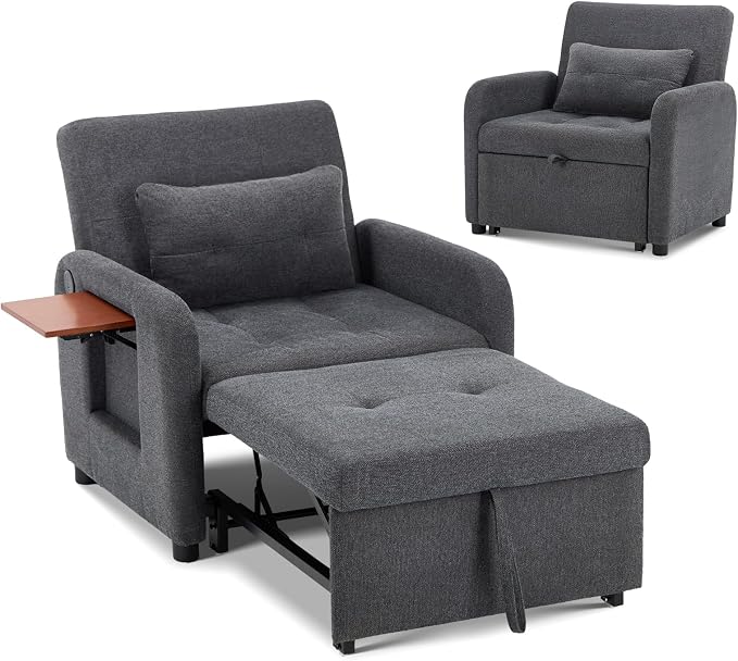 Convertible Sleeper Chair-Fabric Futon Sofa Bed, Single Sleeper Sofa, Small Couch Bed with USB Port, Foldable Table, Pillow, Adjustable Backrest for Dorm/Bedroom/College Darkgrey