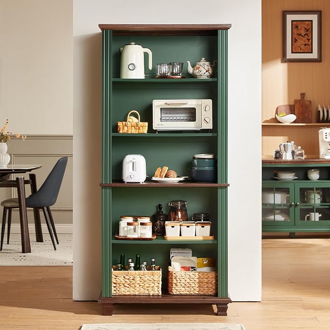 SAVOR LIFE 70" Tall Green Bookshelf,5 Tier Wooden Book Shelf with Adjustable Shelves & Wood Legs,Free Standing Farmhouse Bookcase with Open Display Storage,Vintage Bookshelves for Library, 3PCS