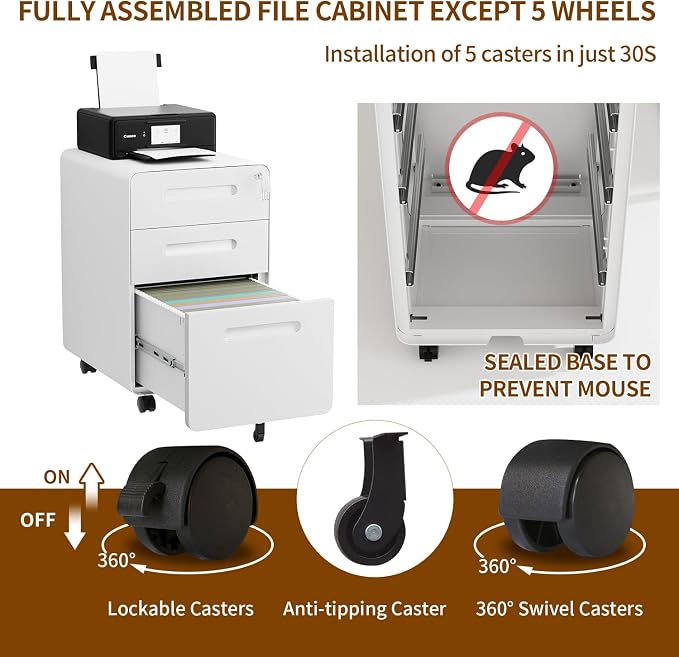 3 Drawer File Cabinet with Lock and 4 Keys, Mobile Metal Filing Cabinet, File Cabinets for Home Office, Under Desk, Pre-Assembly, File Drawer, Letter/Legal/A4 Hanging File Folders