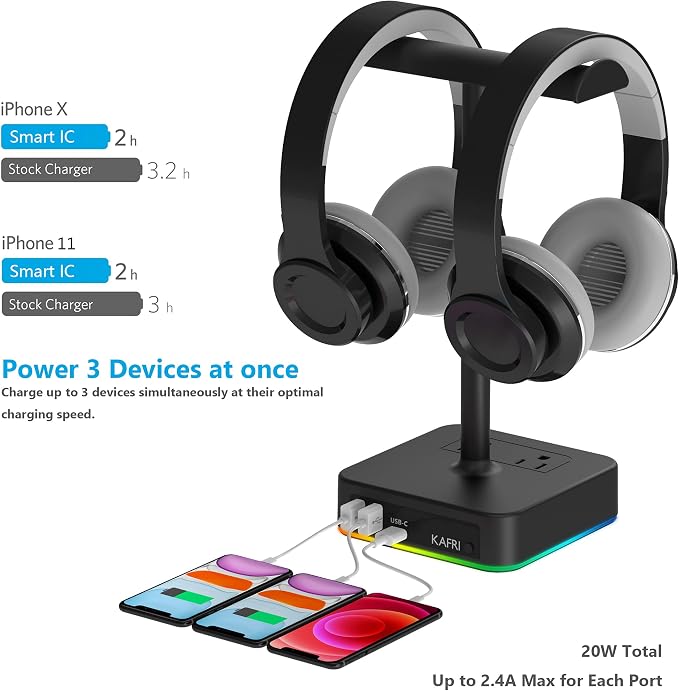 KAFRI RGB Dual Headphone Stand with USB C Charger Desk Gaming Double Headset Holder Hanger Rack with 3 USB Charging Port and 2 Outlet - Suitable for Gamer Desktop Table Game Earphone Accessories Gift