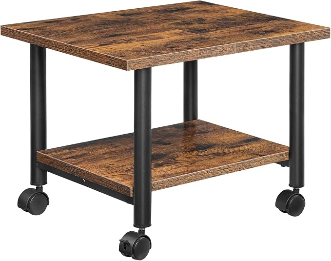 HOOBRO Printer Stand, 2-Tier Industrial Under Desk Printer Cart with Shelf, Mobile Heavy Duty Storage Rack on Wheels for Home, Office, Rustic Brown and Black BF02PS01G1