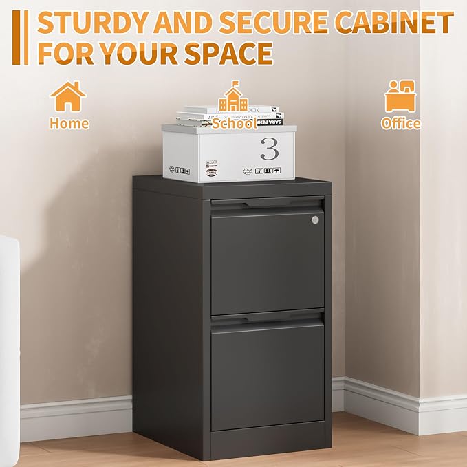 2-Drawer Metal File Cabinet with 1 Lockable Drawer,Steel Printer Stand with Storage for Home Office,Vertical Filing Cabinet for Legal/Letter/A4 Files,Assembly Required(15''W-2 Drawers,Black)