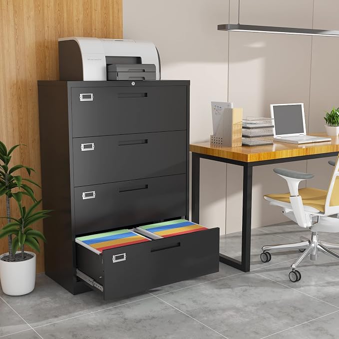 BYNSOE 4 Drawer Filing Cabinet with Lock Metal Lateral File Cabinet Office Home Steel Lateral File Cabinet for A4 Legal/Letter Size Wide Metal Cabinet Locked,Assembly Required (4 Drawer, Black)