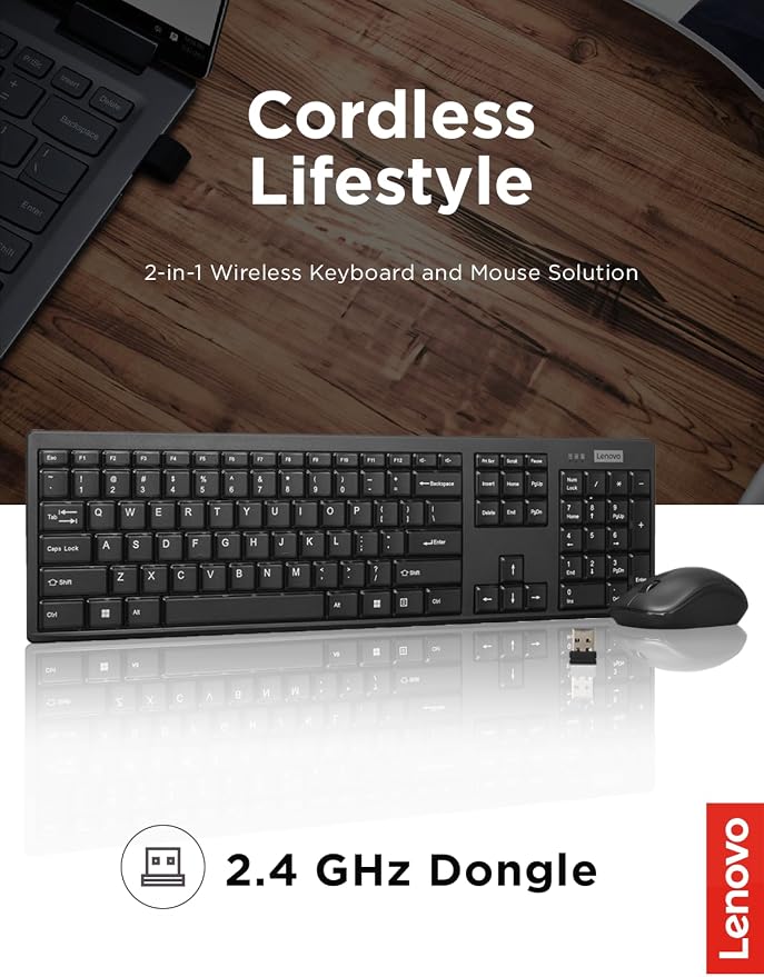 Lenovo 100 Wireless Keyboard and Mouse Combo – Cordless Set with Spill Resistant Quiet Keys – 3-Zone Keyboard - Ambidextrous Mouse – Compact Design – Wireless USB -Black