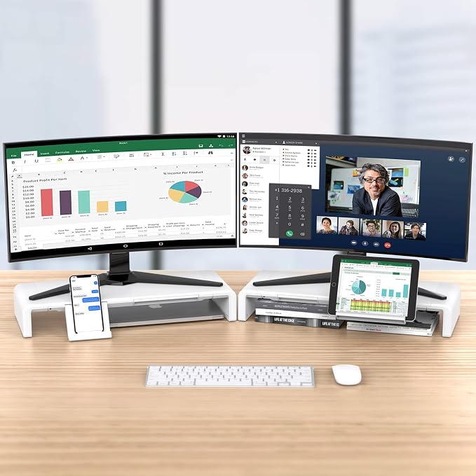 Monitor Stand Riser, Klearlook Foldable Computer Monitor Riser, Height Adjustable Computer Stand, Desk Shelf Riser with Storage Drawer & Tablet Phone Stand for Computer, Desktop, Laptop (White 2 Pack)