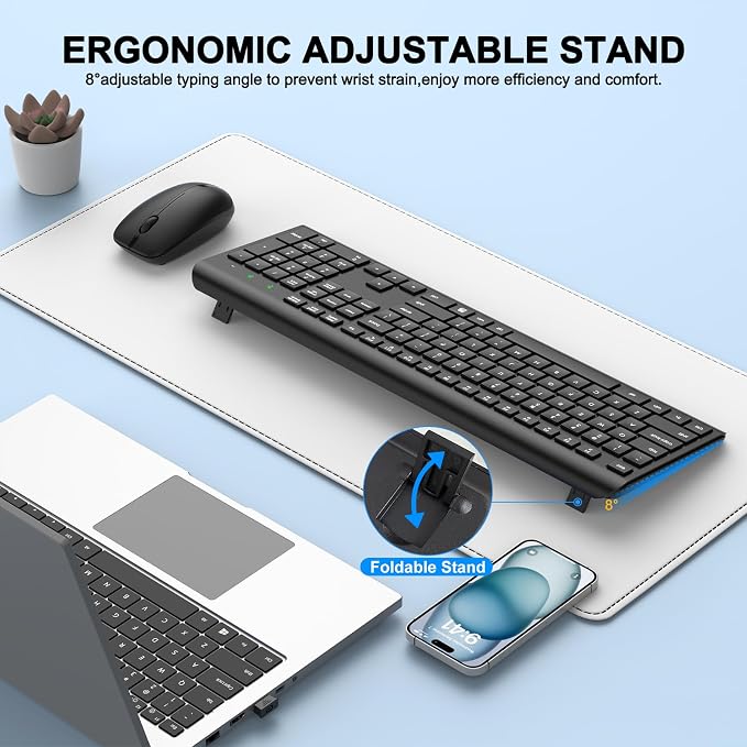 Wireless Keyboard and Mouse Combo, Full Size Silent Ergonomic Keyboard and Mouse, Long Battery Life, Optical Mouse, 2.4G Lag-Free Cordless Mice Keyboard for Computer, Mac, Laptop, PC, Window(2 Pack)