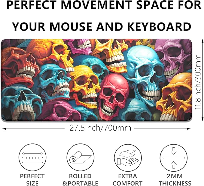 Scary Skeleton Mouse Pad Desk Pad,Colourful Skull Extended Gaming Mouse Mat with Stitched Edges Non-Slip Waterproof Rubber Base Mous Mat for Office Home Game Desk Pad(27.5X11.8 in)