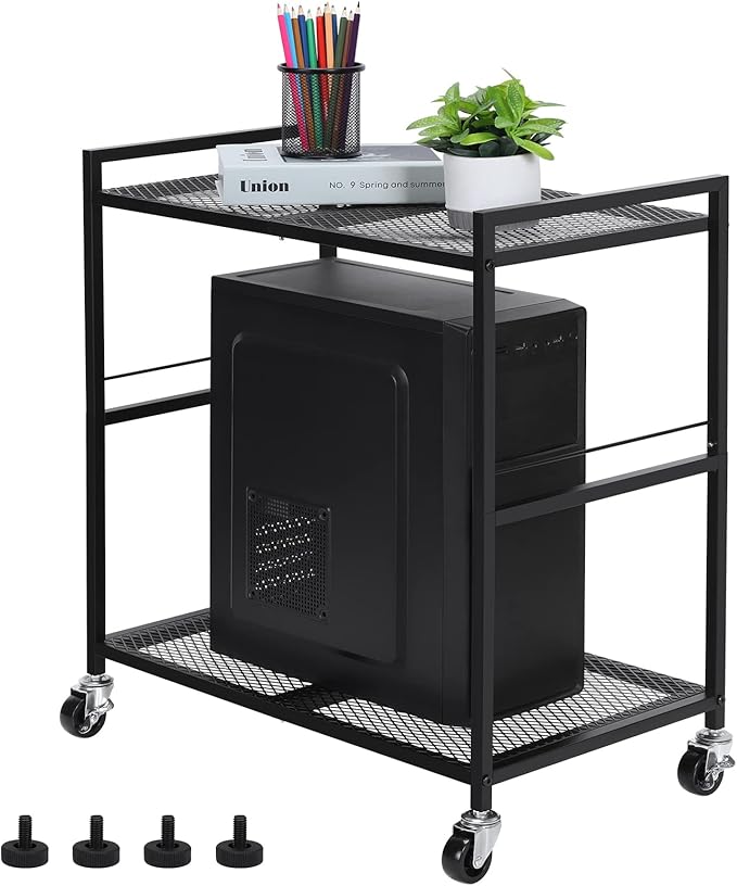 YBING Computer Tower Stand, PC Tower Stand Metal Mobile CPU Holder Stand Cart with Caster Wheels 2 Tier Rolling Printer Cart Under Desk for Fax Home Office Black