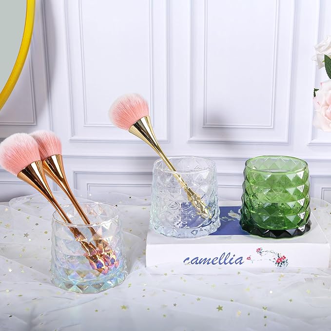 DASITON Glass Makeup Brush Holder Organizer, Diamond Pattern Cosmetic Storage Cup, Makeup Organizer for Vanity, Bathroom Countertop Toothbrush Holder, Desk Pen Pencil Holder (Green)