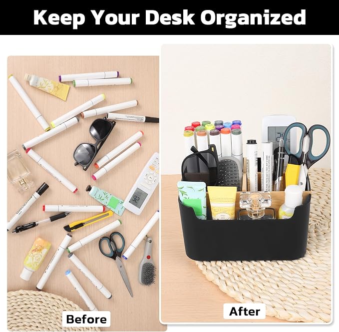 Segarty Black Desktop Organizer, Detachable Bamboo Remote Control Holder, Desk Storage Box Pencil Pen Holder Caddy for Office Home Bedside Nightstand Organization