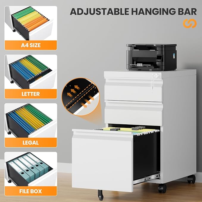 3 Drawer Mobile File Cabinet with Lock, Rolling File Cabinets for Home Office, Under Desk Small File Caninet on wheels, Metal Vertical White Filing Cabnet for Legal/Letter/A4 - Assembly Required