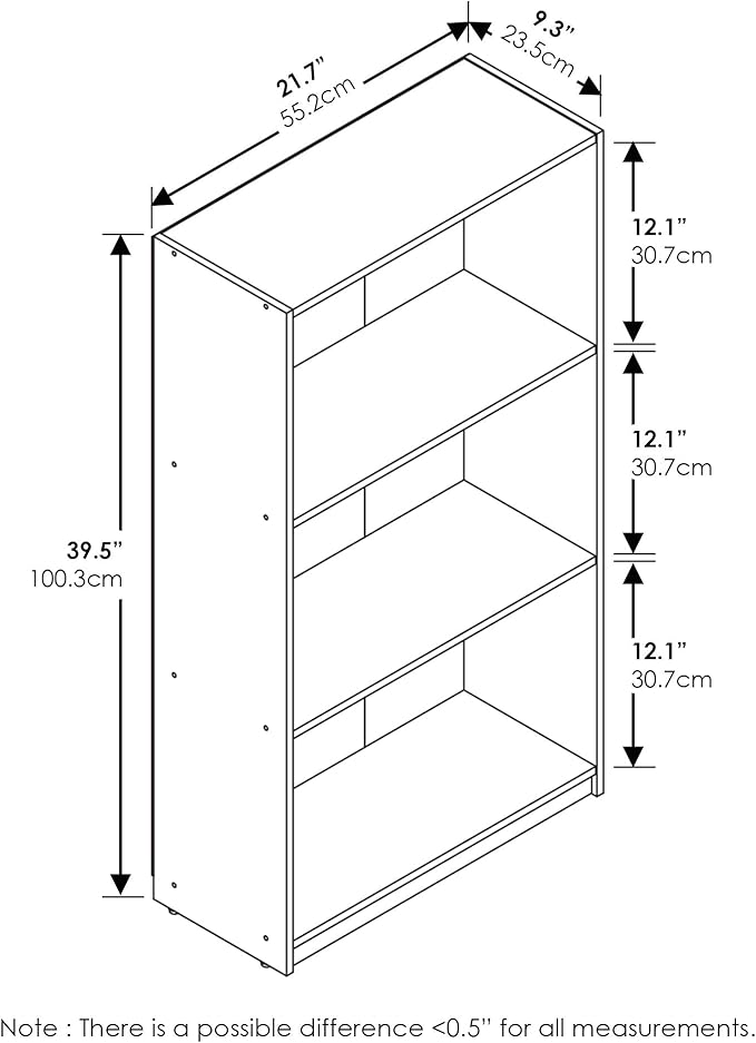 Furinno Basic Book Shelf, 3-Tier Modern Bookshelf, Bookcase with Open Shelves, 9.3 x 21.8 x 39.5, for Living Room, Bedroom, Home Office, Amber Pine