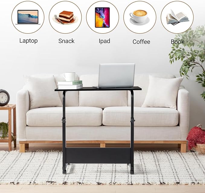 Karl home Small Side Mobile Table 23.6 inch Computer Desk with Wheels Height Adjustable Rolling Potable Laptop Cart, C-Shaped Bed Couch End Tables with Edge Stopper for Living Room Bedroom, Black