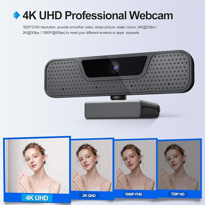 4K Auto Focus Webcam for PC, 4 AI Noise-Canceling Mics UHD Web cam, Auto Light Correction, 85°FOV Computer Web Camera, USB C Plug&Play Webcam with Tripod & Privacy Cover Works w/Zoom/Skype/Google