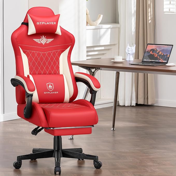 GTPLAYER Gaming Chair, Video Game Chairs with Footrest and Lumbar Support, Computer Chair for Adults with Extended Backrest, Ergonomic Reclining Silla Gamer, PU-Leather, Red