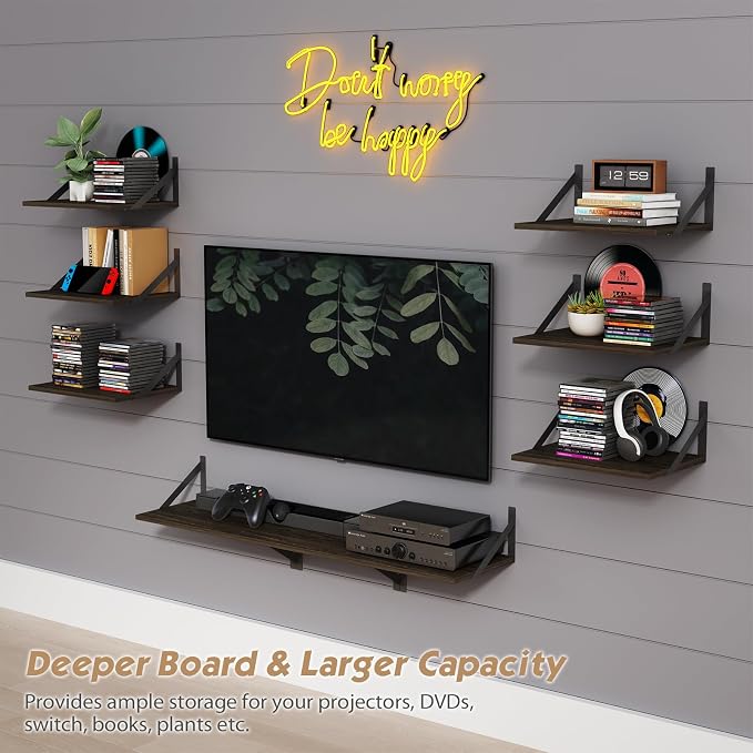 Forbena 12 Inch Deep Floating Shelves for Wall Set of 3, Wooden Wall Bookshelf for Bedroom Books, Rustic Wood Hanging Bookshelves for Bathroom Living Room Office Storage (Dark Brown)