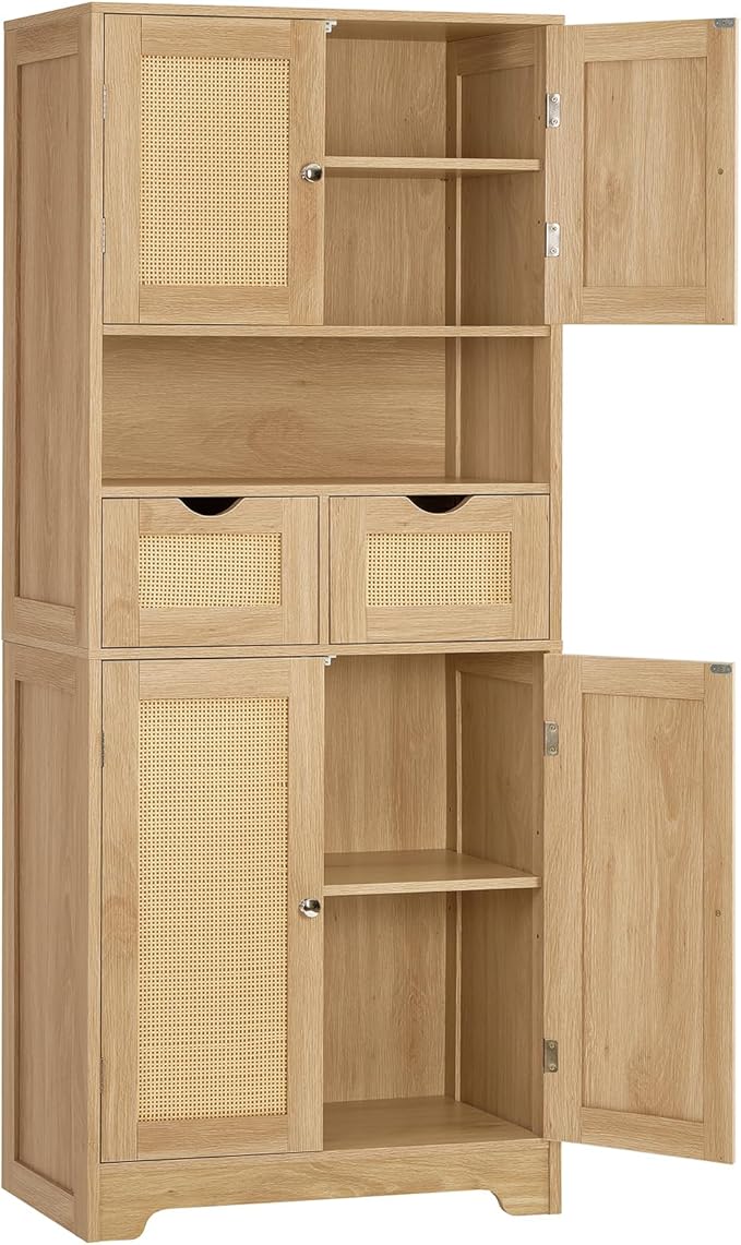 TEENFON 57.8" H Tall Storage Cabinet with 2 Drawers & 2 Adjustable Shelves, Rattan Cabinets with 4 Doors, Cupboard, Kitchen Cabinets, Pantry Cabinet, Tall Cabinet for Living Room, Entryway, Natural