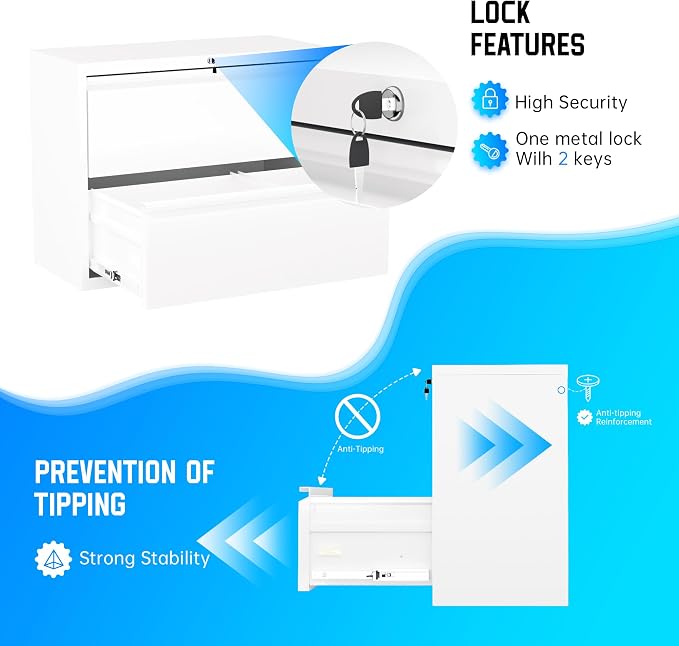Greenvelly 2 Drawer File Cabinet, White Lateral File Cabinet with Lock, Filing Cabinet for Home Office, Lockable File Cabinets for Legal/Letter/A4/F4 Size with Hanging Files&Key