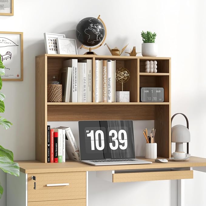 GOFLAME 4 Cubes Desktop Bookshelf, 37” Tabletop Wood Desk Shelf for Computer Monitor, Modern Countertop Desk Display Hutch Storage Organizer Shelf for Home Office, Dorm, Study, Natural