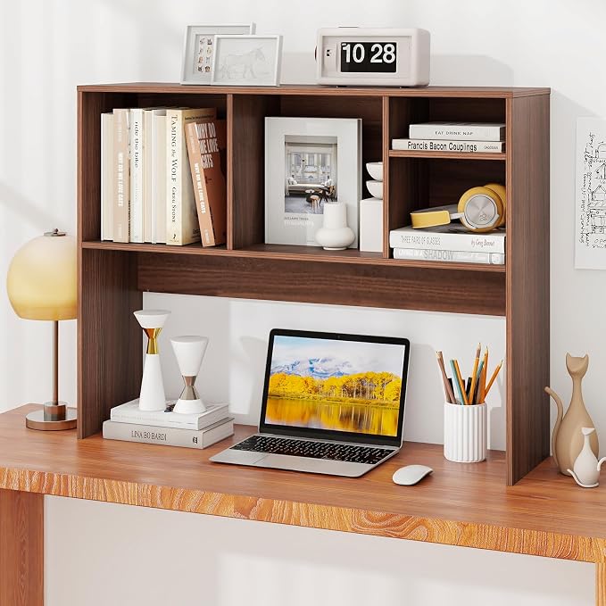 GOFLAME 4 Cubes Desktop Bookshelf, 37” Tabletop Wood Desk Shelf for Computer Monitor, Modern Countertop Desk Display Hutch Storage Organizer Shelf for Home Office, Dorm, Study, Walnut