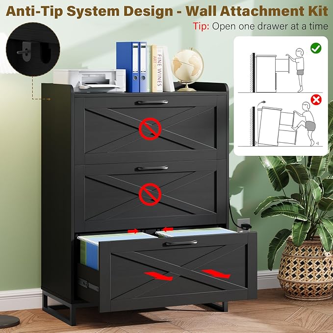 Vabches File Cabinet 3 Drawers Lateral File Cabinet with Charging Station for Letter/Legal/A4 Size Hanging Files, Large Wood File Storage Cabinets Printer Stand for Home Office, Simple Black