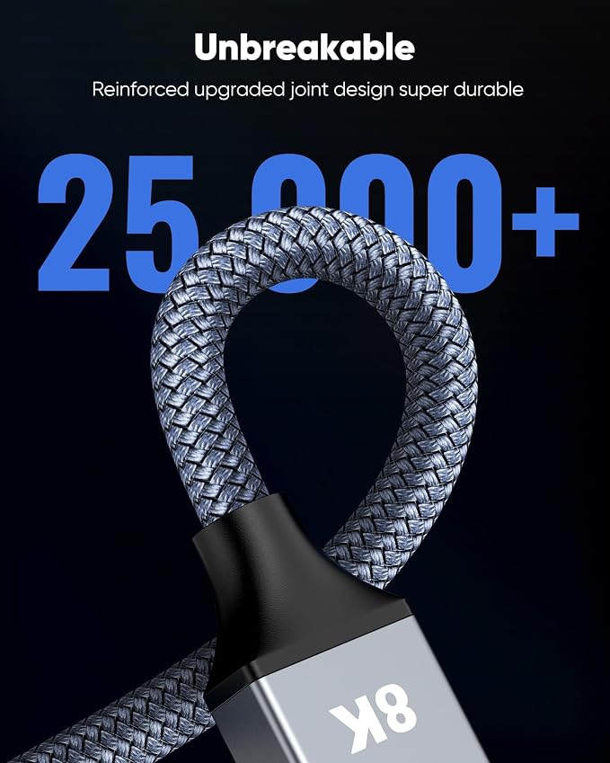 Capshi 35ft 8K 4K@120Hz HDMI Cable 2.1, 48Gbps High Speed Cord for PS5/4, TV, Gaming Console, Monitor, 8K@60Hz, 2K@240Hz, 144Hz, Support HDR, eARC, DTS:X, HDCP 2.2 & 2.3, Braided, Grey