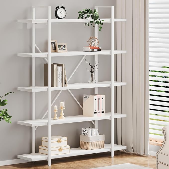 HSH 5 Tier Tall White Bookshelf, Metal and Wood Storage Book Shelves for Bedroom Living Room Office, Modern Large White Bookcases and Bookshelves 5 Shelf, Farmhouse Open Vertical Display Book Shelf