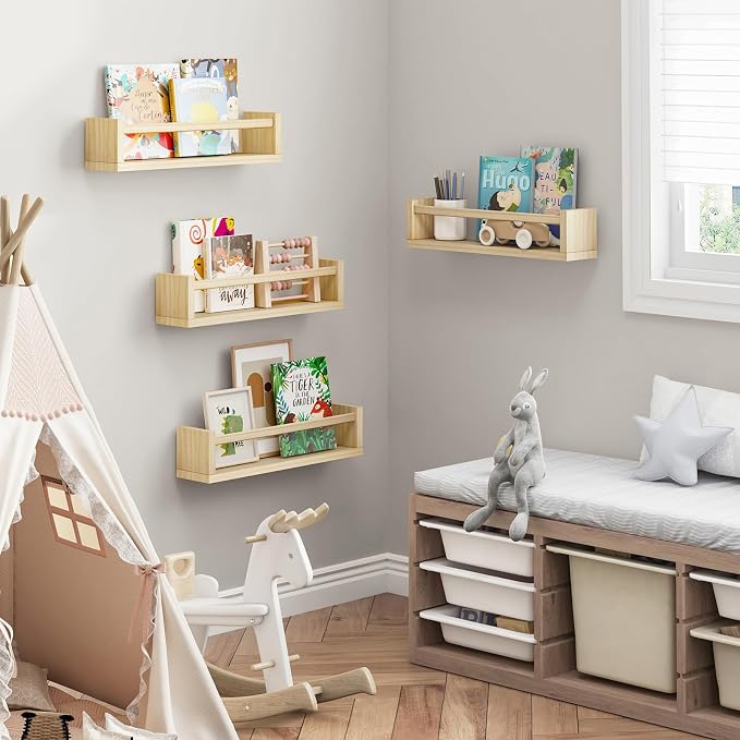 Fixwal Nursery Book Shelves, 16.5 Inch Floating Nursery Bookshelves, Set of 4, Solid Wood Wall Mounted Shelves for Books and Toys Storage (Natural Wood)