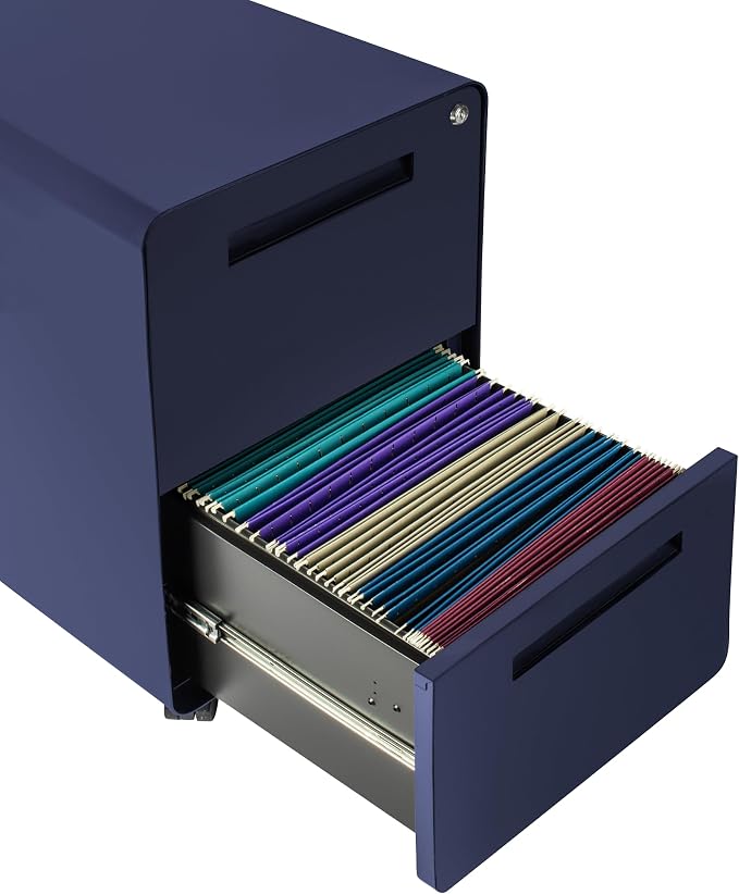 Laura Davidson Furniture Stockpile 2 Drawer Mobile File Cabinet with Lock - Under Desk Metal Filing Cabinet, Legal/Letter File Folders, Wheels and Stationary Feet, Pre-Assembled, Navy Blue