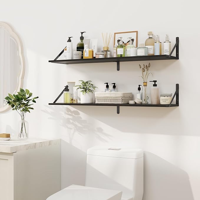 Heimlove Black Deep Floating Shelves for Wall, 36W x 8D Wood Wall Shelves Set of 2, Wide Floating Bookshelf for Living Room, Kitchen, Office, Bedroom and Decor Storage, with Metal Bracket - Black