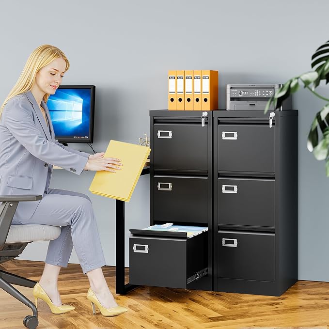 3 Drawer File Cabinet with Lock, Metal Filing Cabinets for Home Office, Vertical Black Locking File Caninet, Steel Narrow Three Drawer File Cabnet for Letter/Legal / A4 / B4- Assembly Required