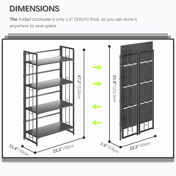 4NM No Assembly 4 Tiers Folding Bookshelf, 47.2" H Foldable Storage Shelves Vintage Bookcase Standing Racks Study Organizer Home Office - All Black