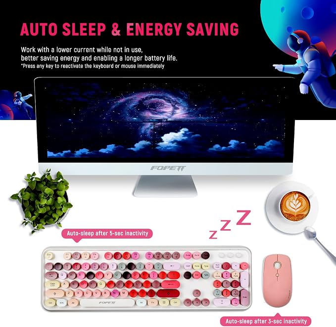 FOPETT Wireless Keyboard and Mouse Sets,Reliable 2.4 GHz Connectivity for PC,Laptop,Smart TV and More (White Colorful)