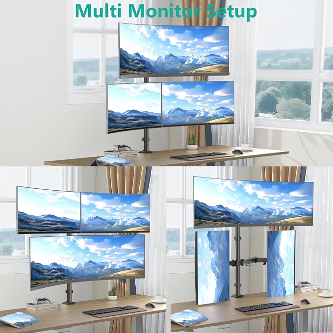 WALI Triple Monitor Mount for up to 49 inch Ultrawides on Top Bracket and 32 inch Screens on Side Brackets, Extra Tall 3 Monitors Desk Mount, Heavy Duty Monitor Arm up to 44 lbs (M003-P), Black