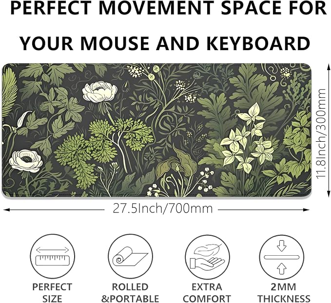 Sage Green Floral and Plant Desk Pad Mouse Pad,Large Gaming Mouse Mat with Stitched Edges,Non-Slip Waterproof Rubber Base Mous Mat for Office Computer Keyboard Laptop Home(27.5X11.8 in)
