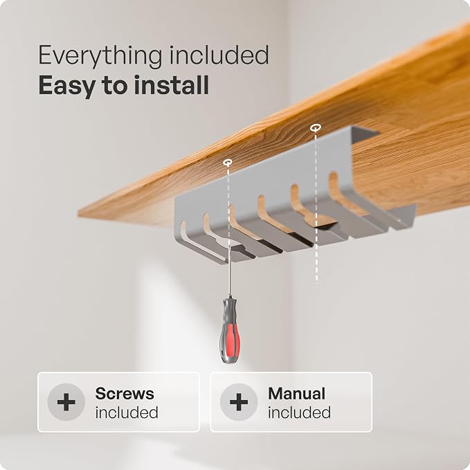 PAMO Cable Management Under Desk for Easy mounting Under-Table I Set of 3 - with 10X Cable Ties I Desk Organizer for Office/Home Office Table Thoughtful Cable Tray Holder