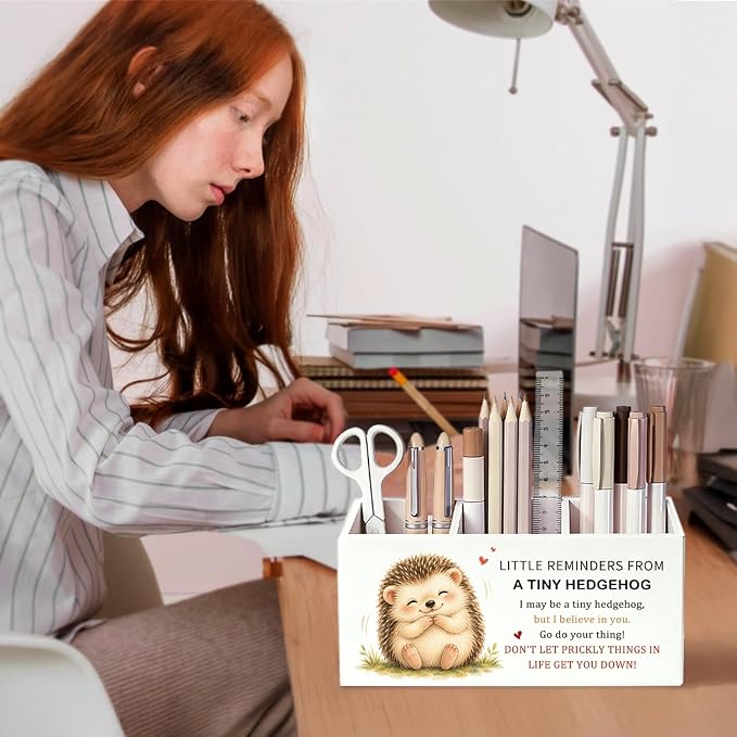 Positive Hedgehog Pen Pencil Holder Desk Decor Gifts for Women | Cute Hedgehog Inspirational Pen Pencil Wooden Organizer Office Desk Accessories Decorations for Dorm Room Bedroom Tabletop