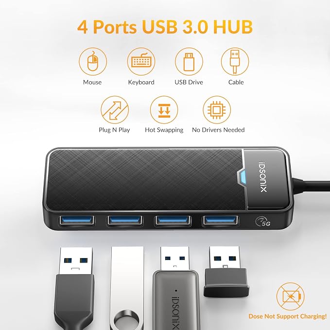 iDsonix USB 3.0 Hub USB C Splitter 5Gbps Data Transfer Ultra-Slim Extender for Desktop, Laptop, Xbox, Flash Drive, HDD, Console, Printer, PC, Keyboards, Mouse [Charging Not Supported] (0.5ft Cable)