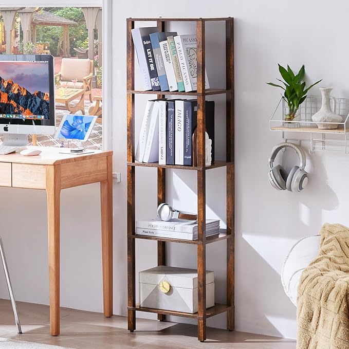 YUFAM 54in Tall Bookshelf 5-Tier Small Narrow Bookcase, Skinny Book Shelf for Small Space, Farmhouse Slim Shelf with Storage, Wood Freestanding Display Thin Bookshelves for Living Room, Office, Brown