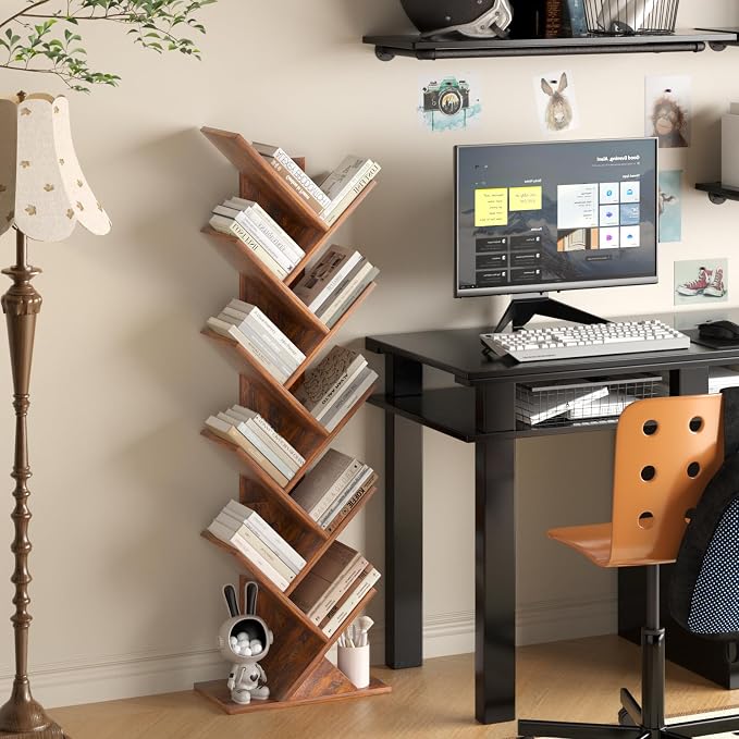 SHEEPAM 10 Tier Tree Book Shelf, Floor Standing Wood Bookshelf for Narrow Space, Storage Organizer Bookshelves for Books/CDs/Magazine, Bookcase with Shelves for Home Office, Living Room - Brown