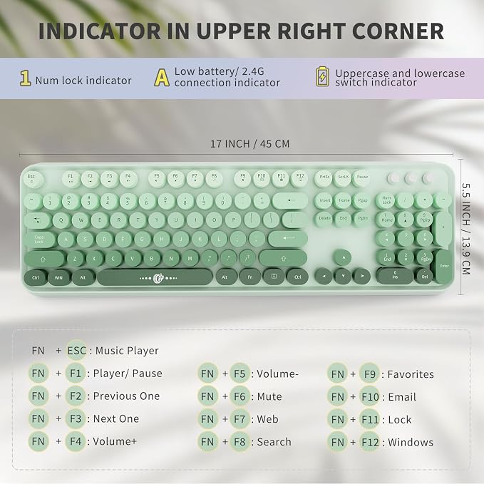 FOPETT Wireless Keyboard and Mouse Combo - 2.4G Full-Sized Cute Colorful Mouse and Keyboard with 104 Round Keys Retro Typewriter Keyboard for Laptop/Windows/PC - Green Gradient
