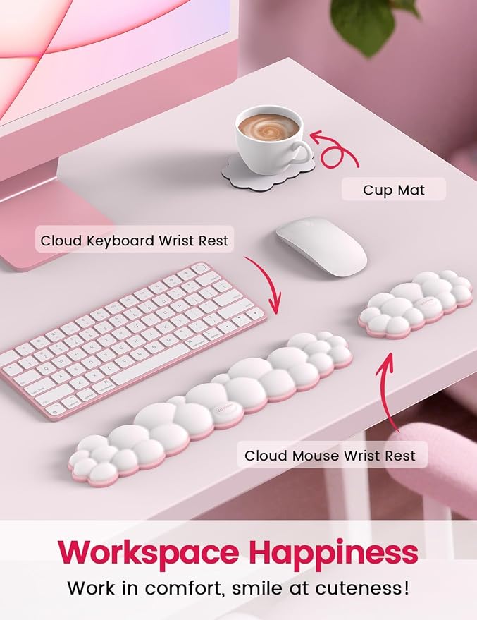 Vaydeer Cloud Keyboard Wrist Rest Set – Ergonomic Memory Foam Wrist Pad for Computer, Laptop & Gaming, Non-Slip Cute Desk Accessories for Office(Keyboard Rest + Mouse Rest + Coaster)