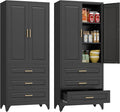 Polup Kitchen Pantry Cabinet, 75" Tall Pantry Cabinet with Three Drawers, Metal Storage Cabinets with Doors and Shelves, Freestanding Food Cupboard for Dining, Living Room, Black, Assembly Required