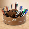 360° Rotating Leather Desk Storage Organizer with 6 Slots and Handle Extra-large Pen Holder Spinning Pencil Storage Lazy Susan Organizer Office Desk Supplies Marker, Art Supply(Brown)