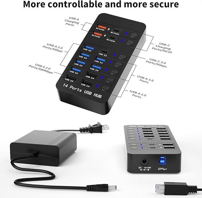 Powered USB Hub, 14 Ports USB Splitter Hub (10 Faster Data Transfer Ports+ 4 Smart USB Charging Port) USB Hub with LED Individual On/Off Switches for PC, Laptop, Desktop