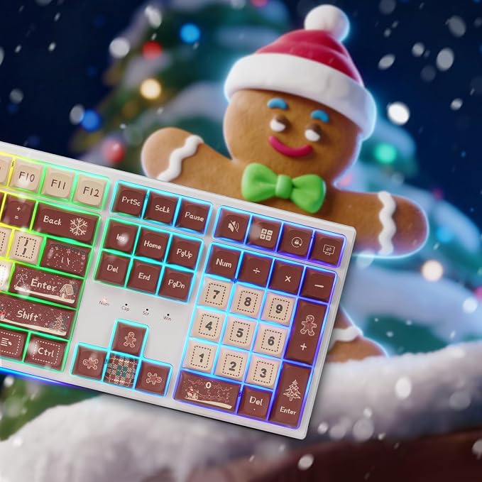 Redragon K668 Xmas Wired Gasket RGB Gaming Keyboard, 108 Keys Mechanical Keyboard w/Extra 4 Hotkeys, Upgraded Hot-swappable Socket, Sound Absorbing Foam, Christmas Gingerbread Man Themed Cute Keycaps